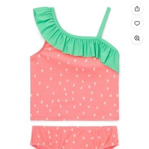 Girls' Pink and Green Ruffle One-Shoulder Tankini Set